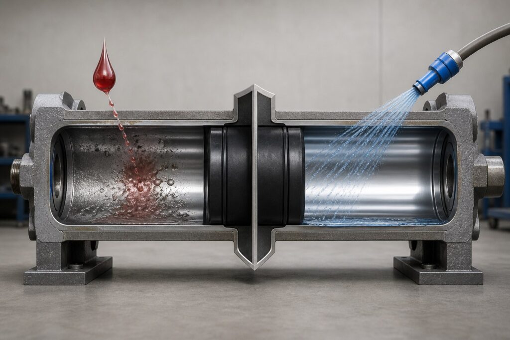 Cutaway comparison of acid-damaged and water-cleaned concrete pump delivery cylinder bores