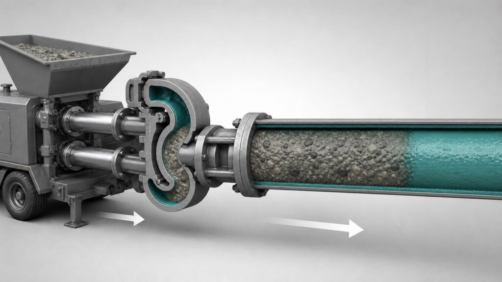 Cutaway illustration showing concrete following a separate primer slug through a concrete pump transfer valve and delivery pipe.