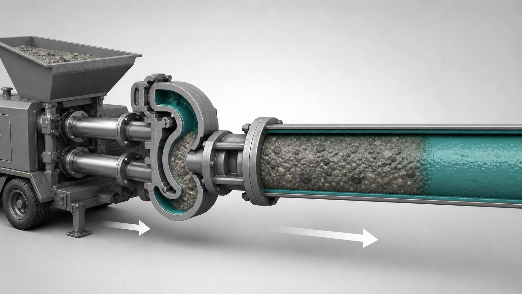 Cutaway illustration showing concrete following a separate primer slug through a concrete pump transfer valve and delivery pipe.