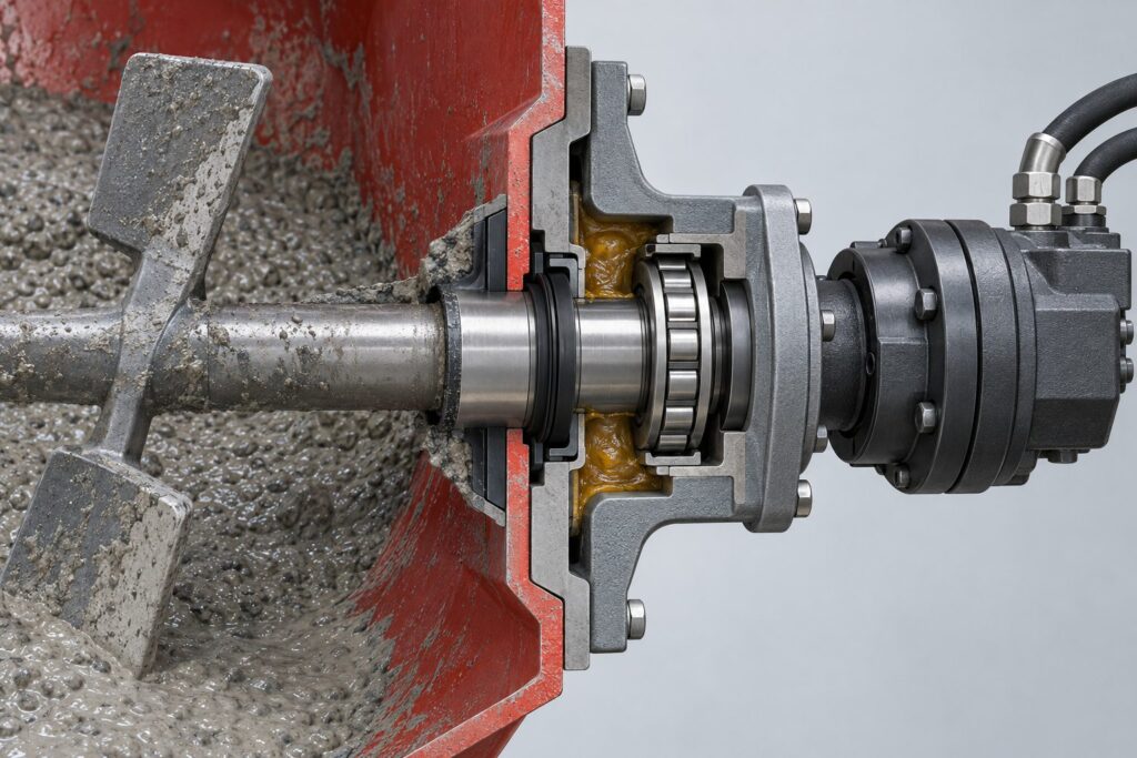 Generic cutaway of a concrete pump agitator shaft seal, grease cavity, bearing, flange housing, and hydraulic drive