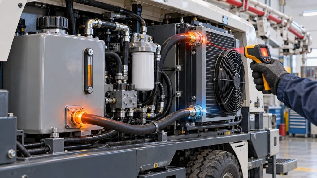 Technician checking a concrete pump hydraulic oil cooler and reservoir with an infrared thermometer