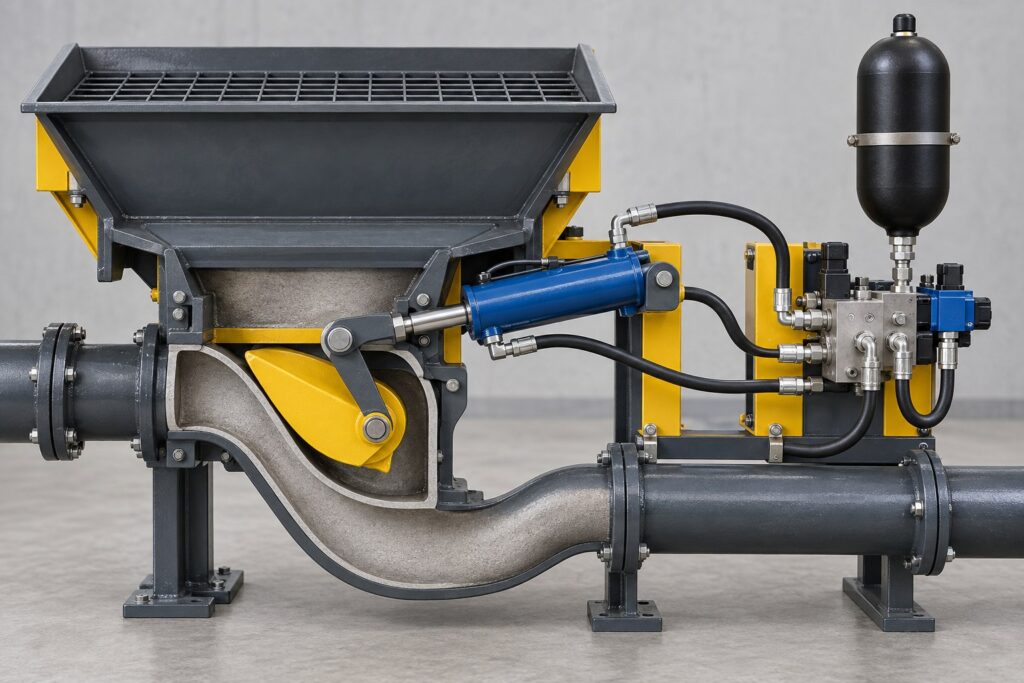 Generic concrete pump S-valve swing circuit with hydraulic accumulator, manifold, and shift cylinder