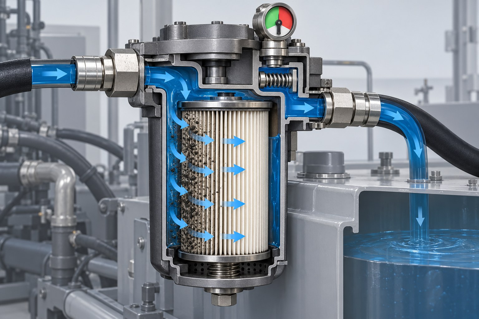 Cutaway illustration of a concrete pump hydraulic return filter showing contaminated media, oil flow, bypass valve, and restriction indicator