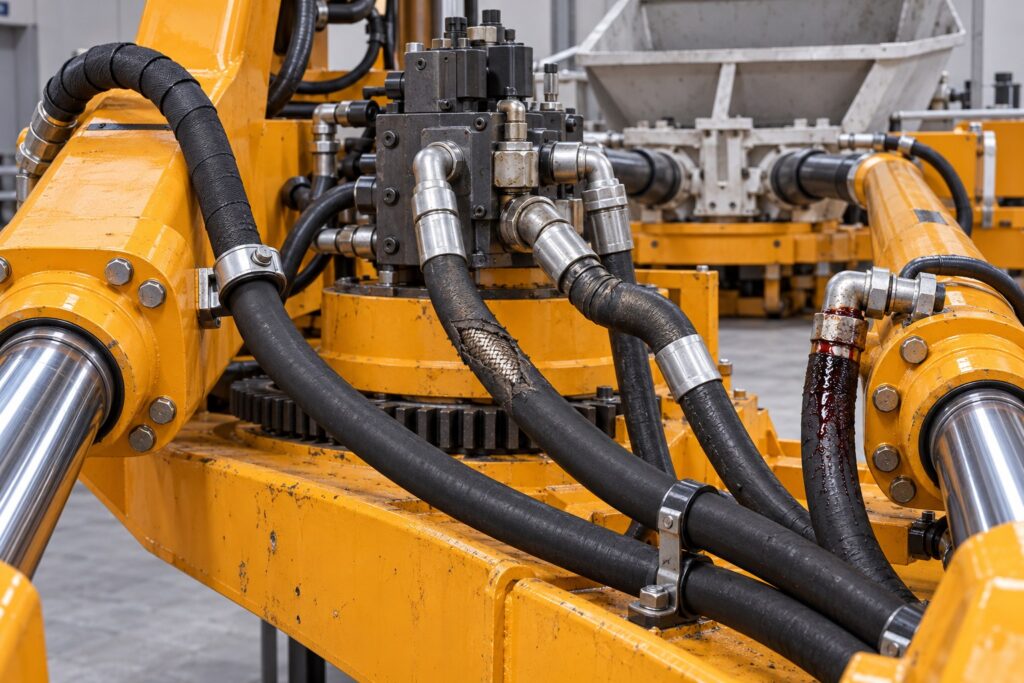 Hydraulic hoses routed around a concrete pump valve block and slewing cylinders, showing abrasion, a tight bend, and a leaking fitting