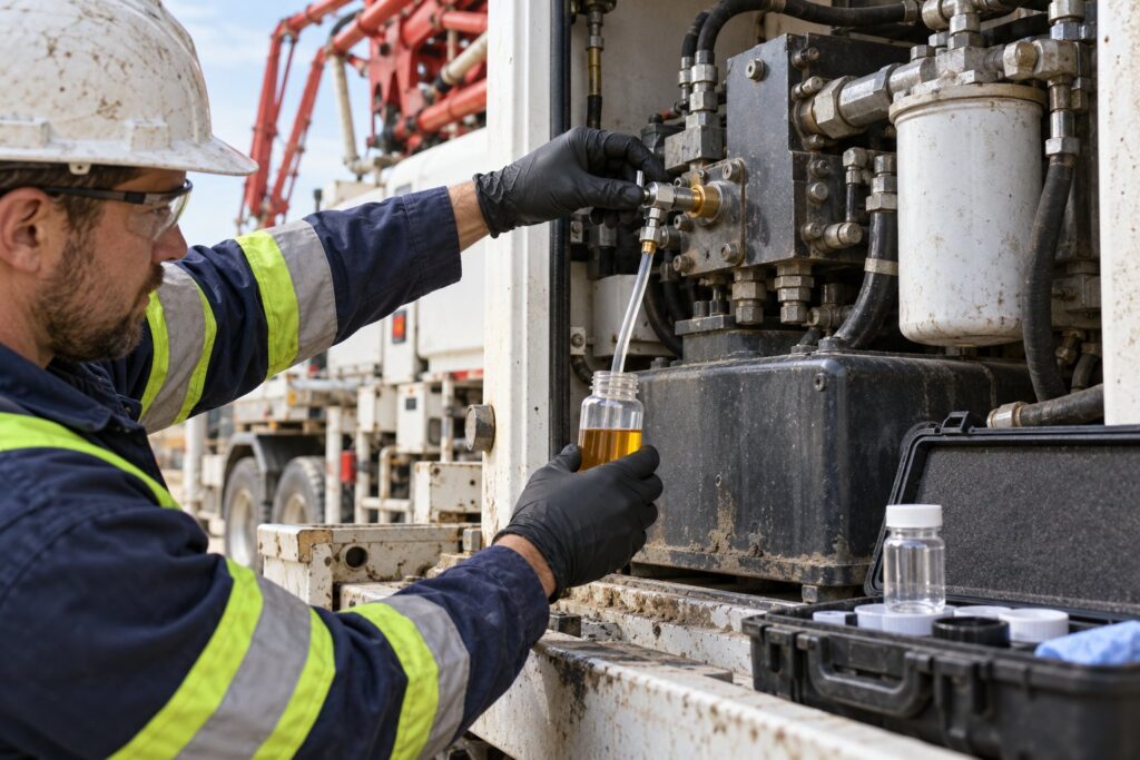 Technician collecting a hydraulic oil sample from a concrete pump sampling valve