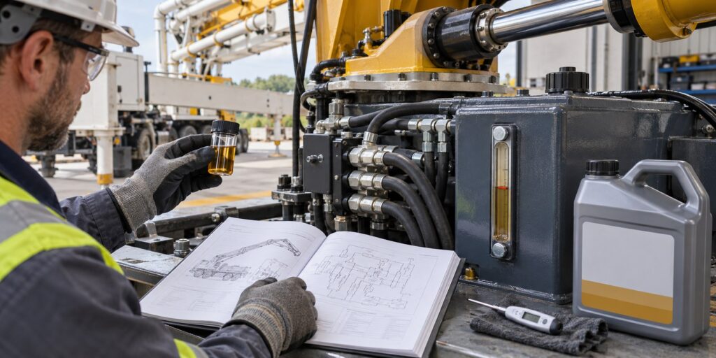 Technician comparing a concrete pump hydraulic oil sample with the service manual and reservoir sight glass