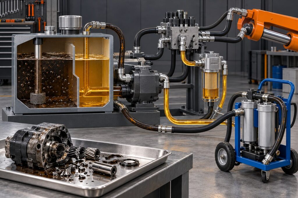 Technical illustration of a concrete pump hydraulic system being cleaned with an offline filter cart after a component failure