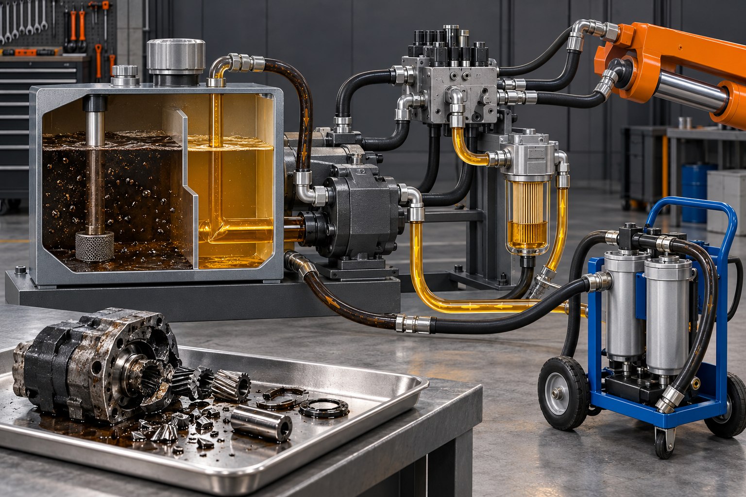 Technical illustration of a concrete pump hydraulic system being cleaned with an offline filter cart after a component failure